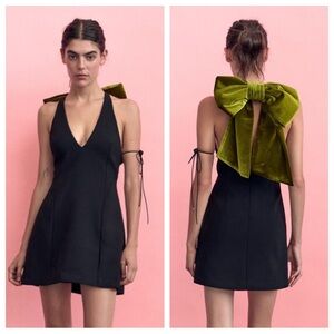 NWT. Zara Black Maxi Bow Velvet Short V-Neck Dress. Size M.
